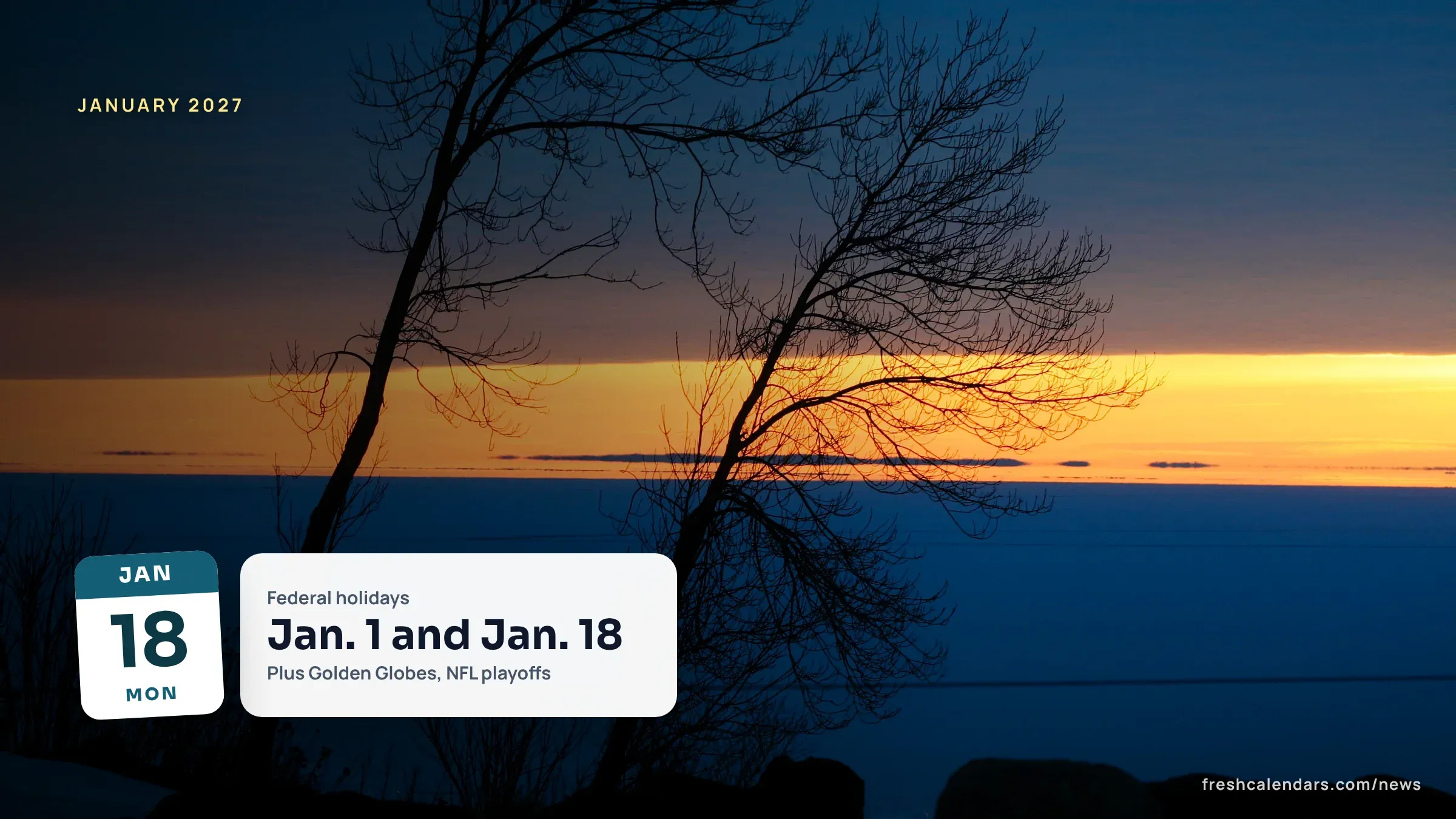 Winter shore at sunrise on a frozen lake in Duluth, Minnesota, a file photo for January 2027 important dates