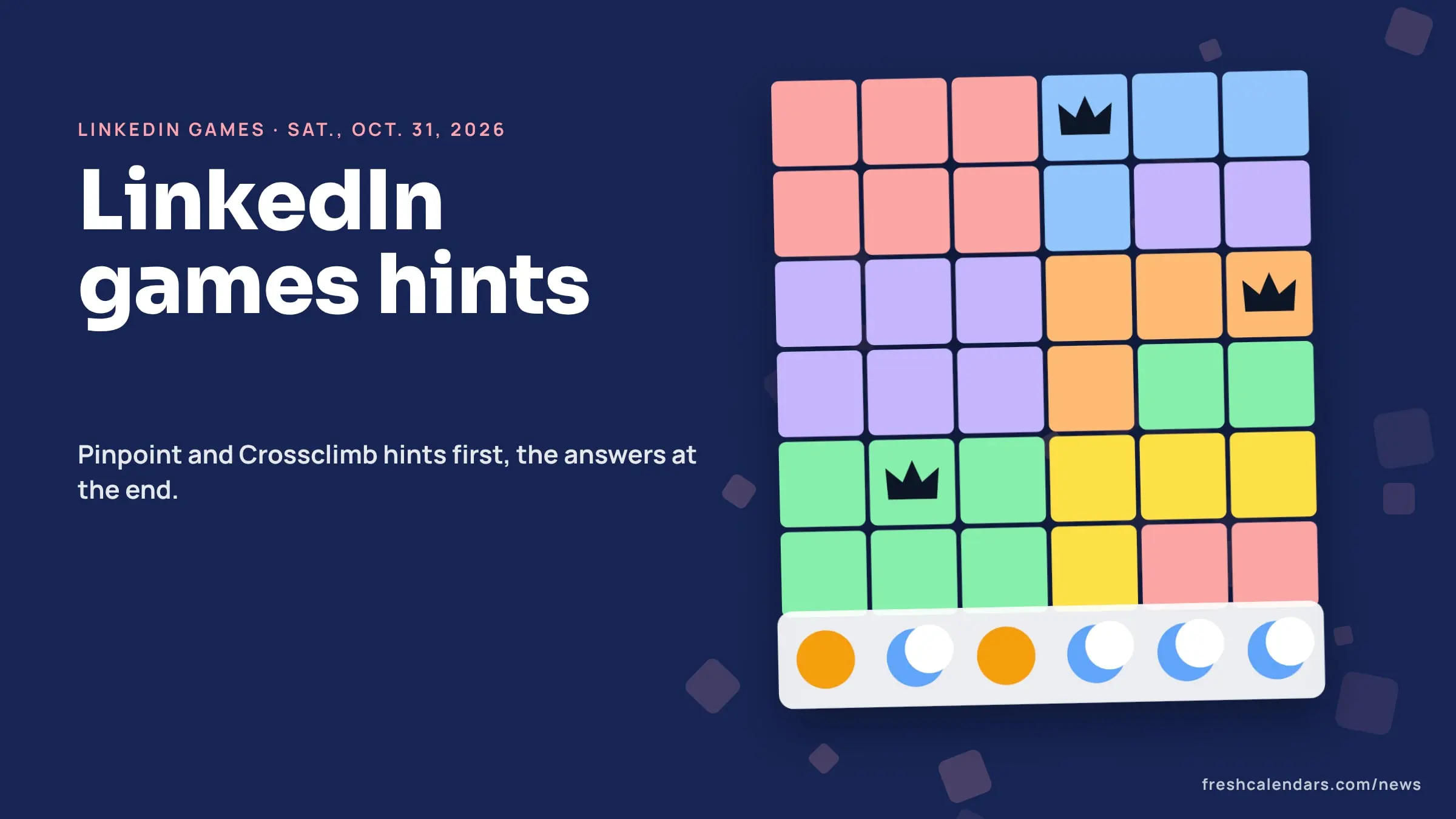 LinkedIn games answers for Oct. 31, 2026: a Queens board of colored regions with crowns and a row of Tango suns and moons, no solution shown