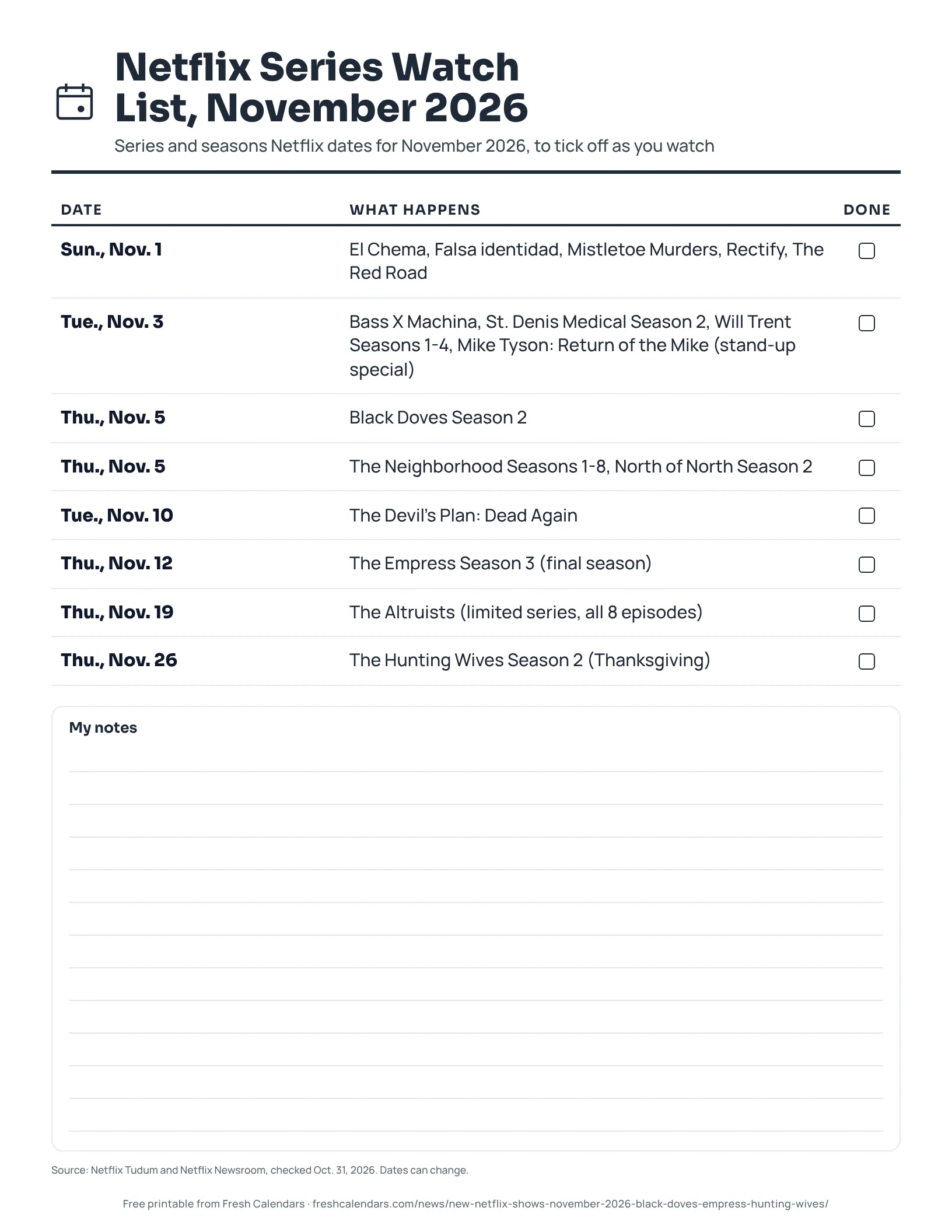 Printable Netflix series watch list for November 2026 with the release date and title of each series and a tick box for each, ink-saver version