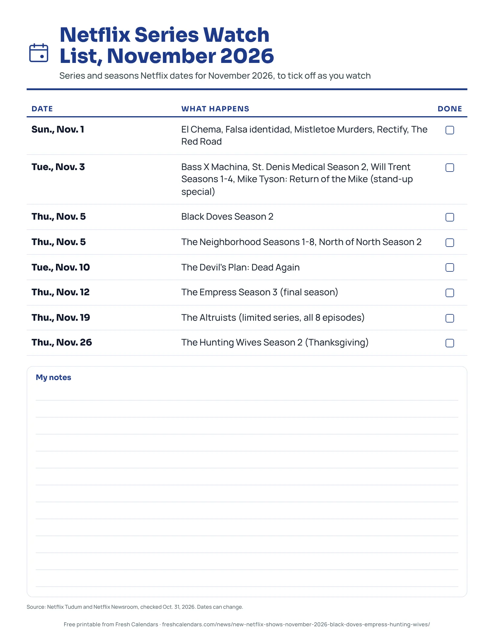 Printable Netflix series watch list for November 2026 with the release date and title of each series and a tick box for each