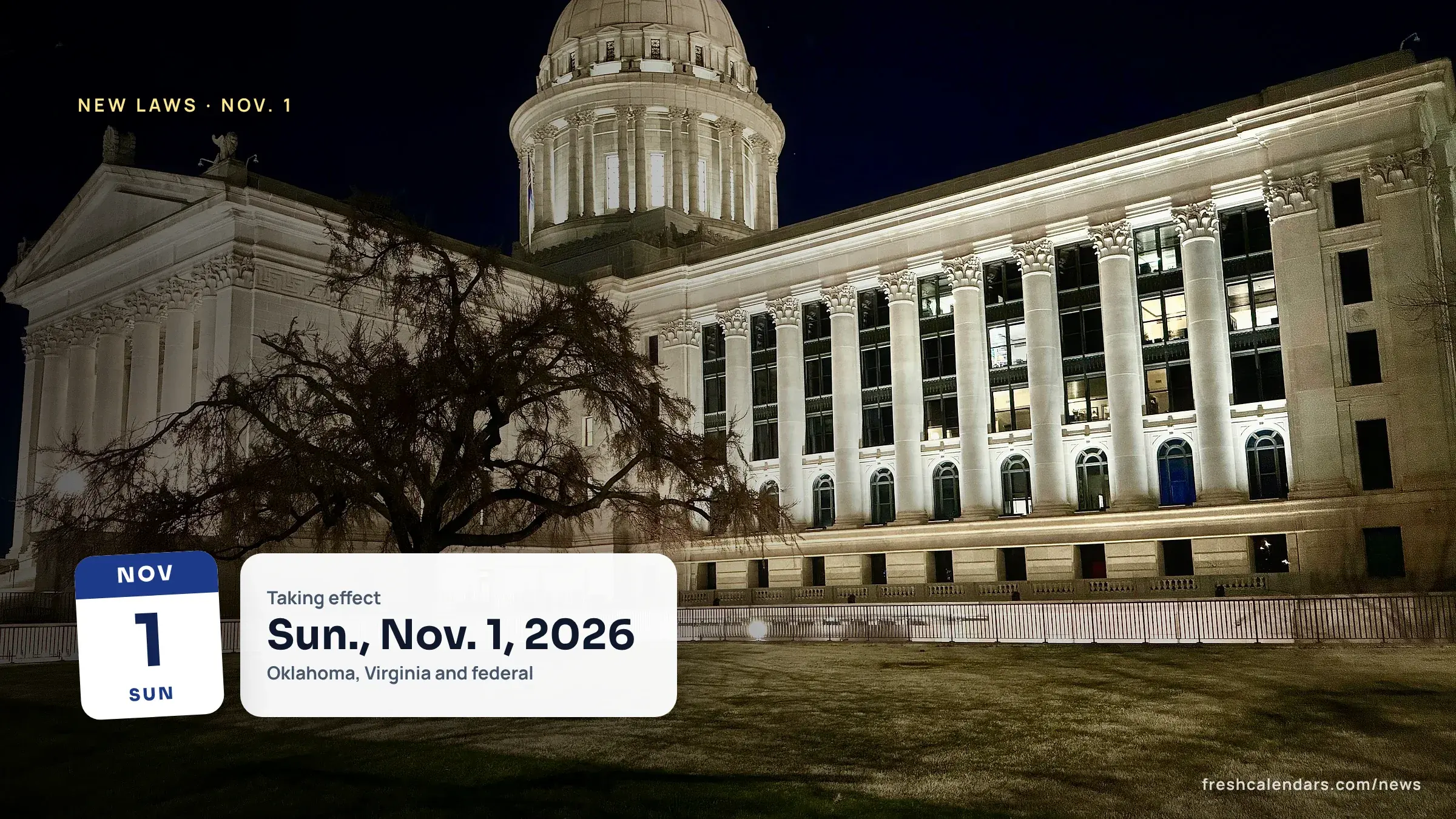 Oklahoma State Capitol in Oklahoma City, where new laws taking effect November 1, 2026 were passed