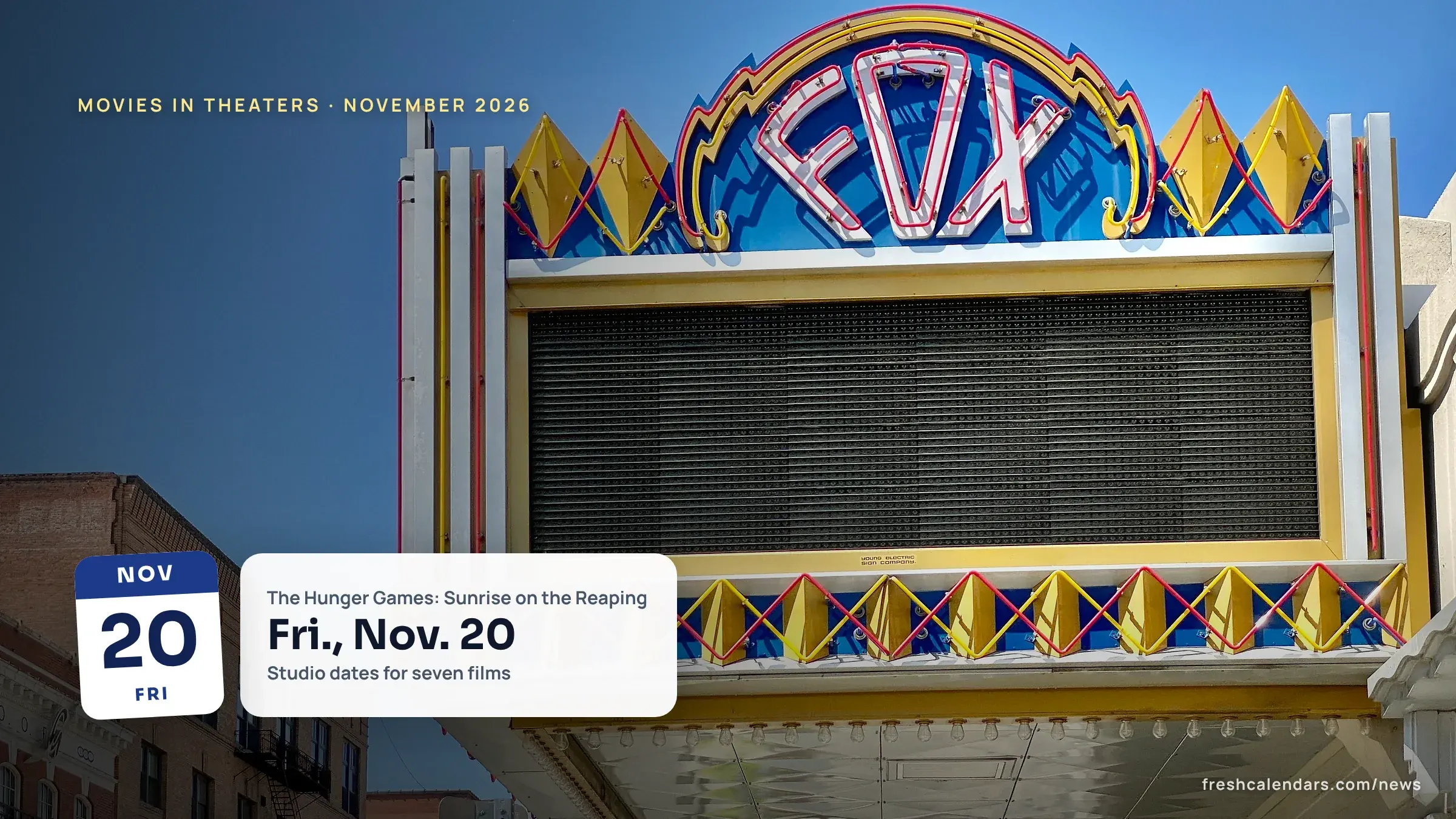 Marquee of the Fox Theater in Spokane, Washington, for new movies in theaters in November 2026
