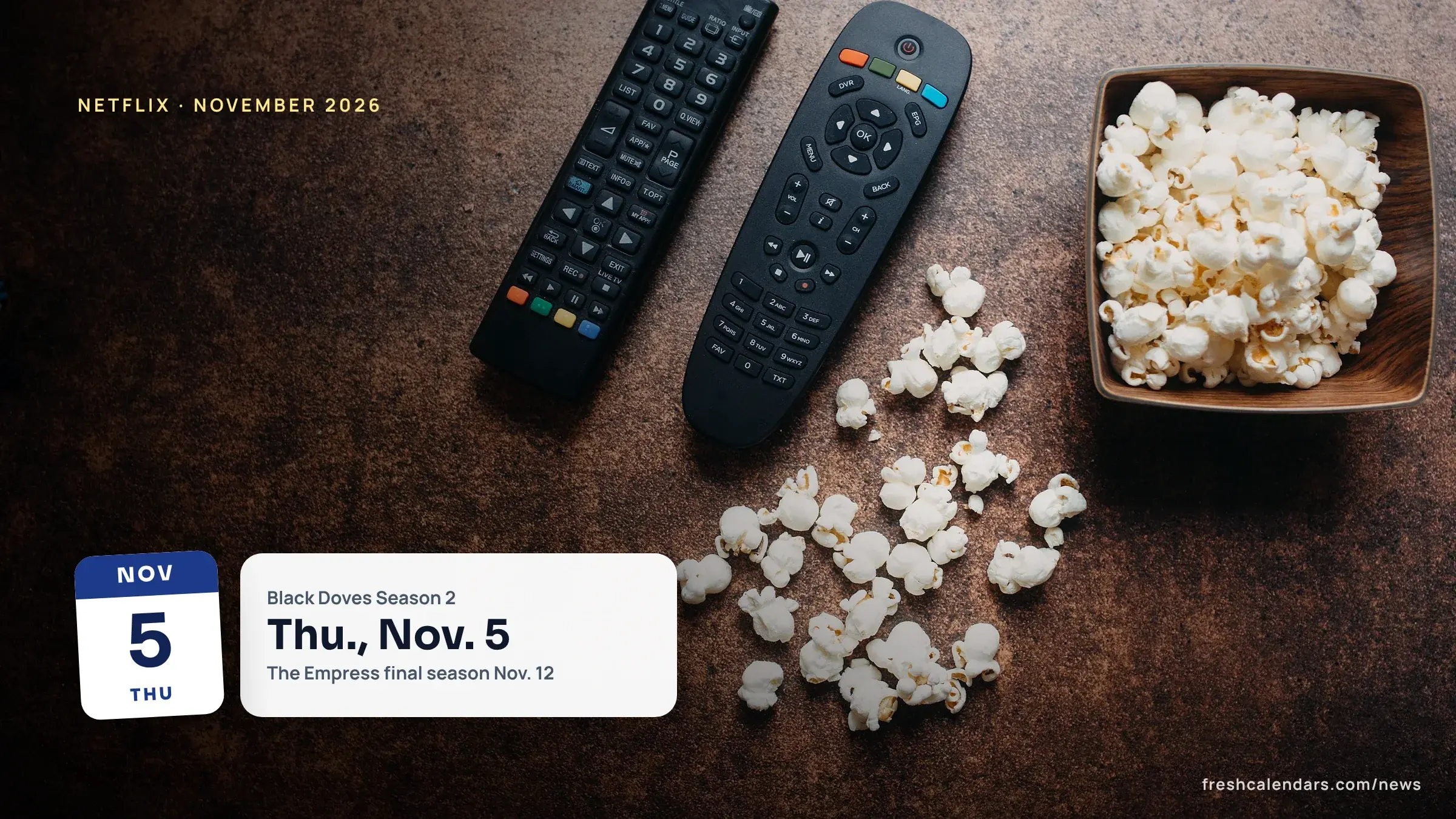 New Netflix shows November 2026: two television remote controls and a bowl of popcorn on a table