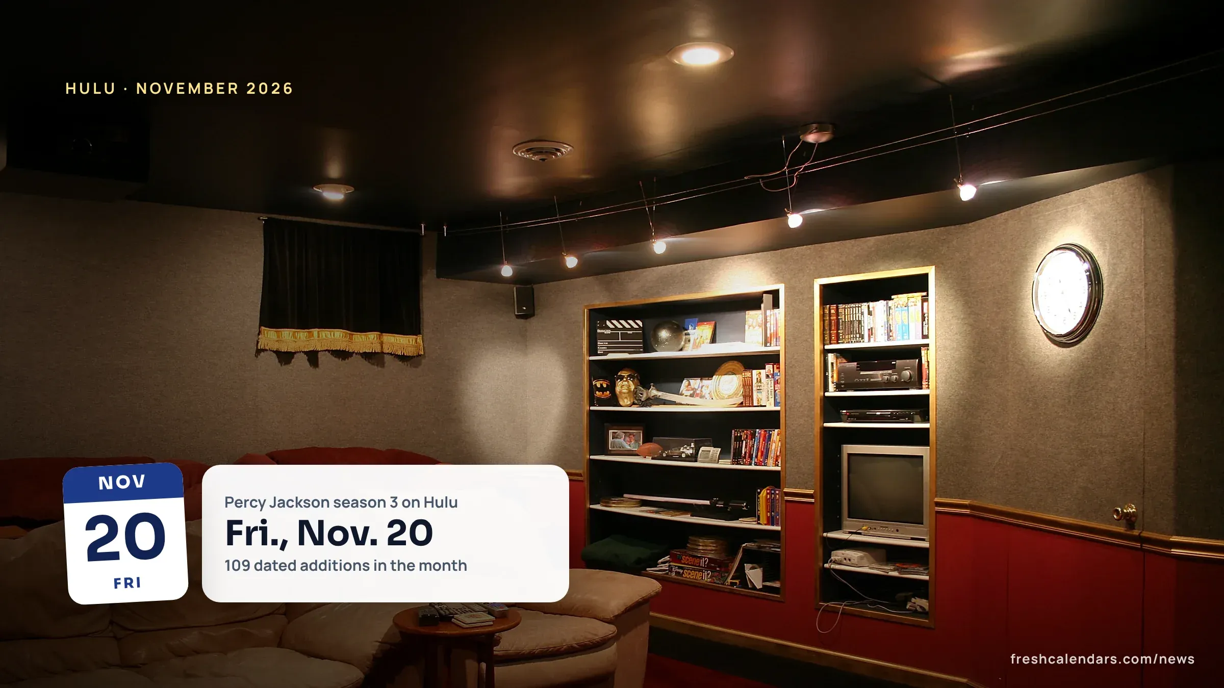 New on Hulu November 2026: a home theater room with a sofa facing the screen, for the month's Hulu release dates