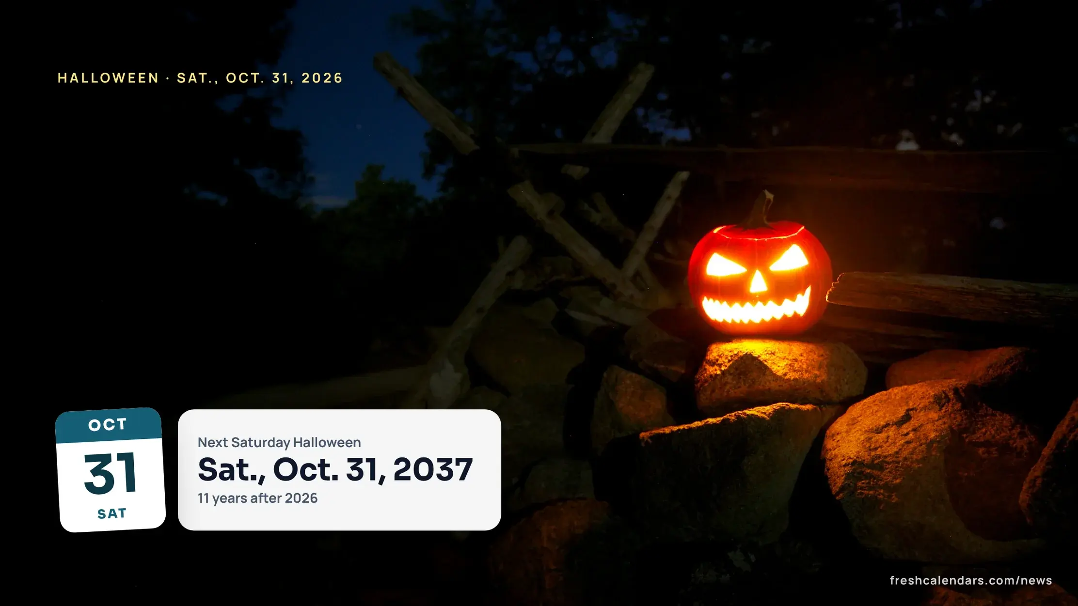 Next Saturday Halloween: a lit jack-o'-lantern on a stone wall at night