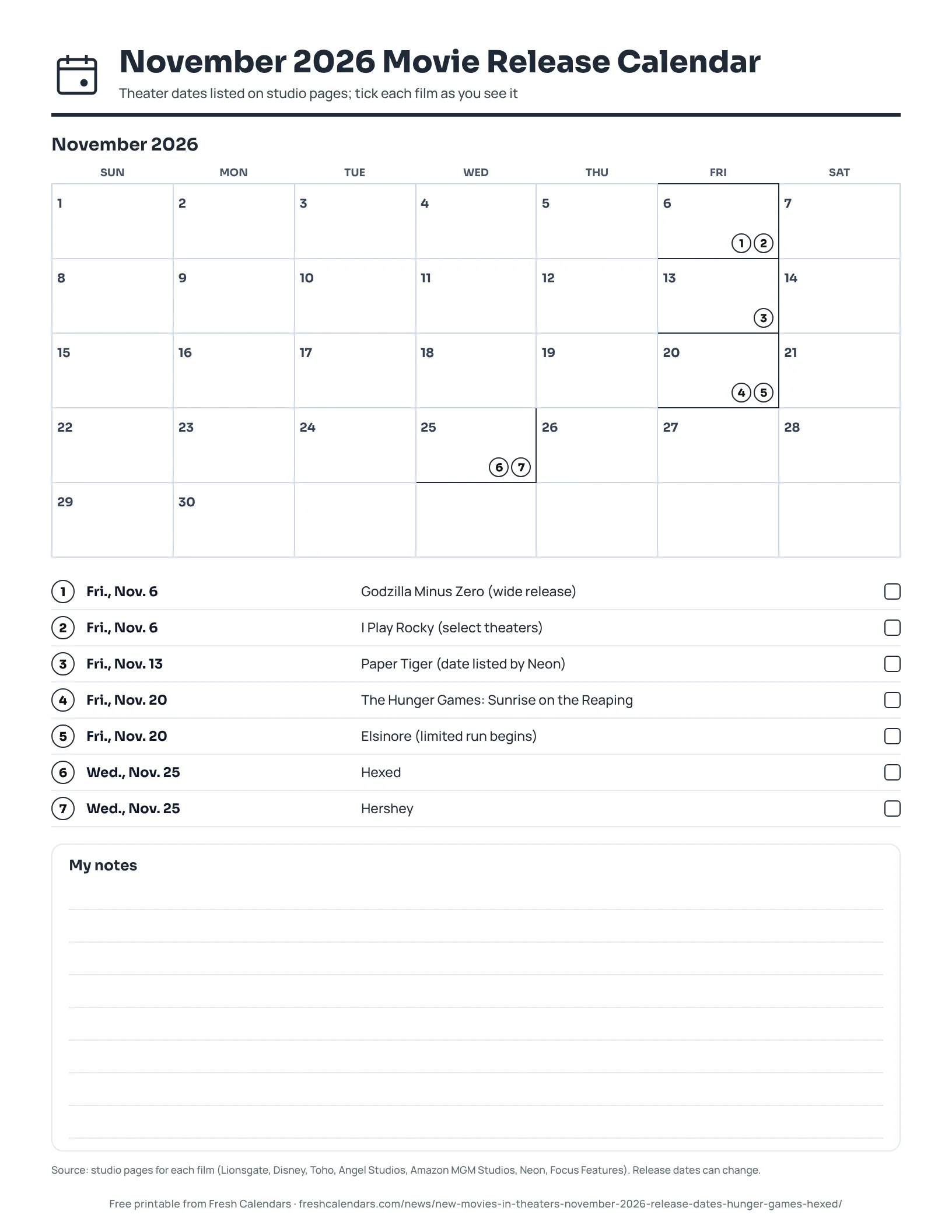 Printable November 2026 calendar with the theater release dates of seven movies marked on the month grid and a legend, ink-saver version