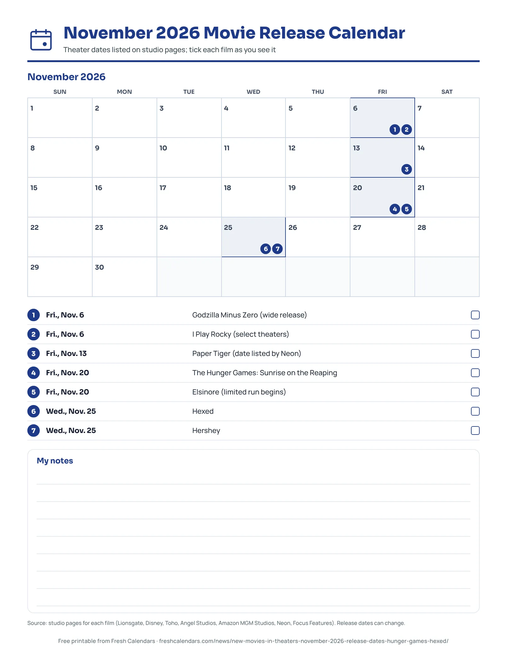 Printable November 2026 calendar with the theater release dates of seven movies marked on the month grid and a legend