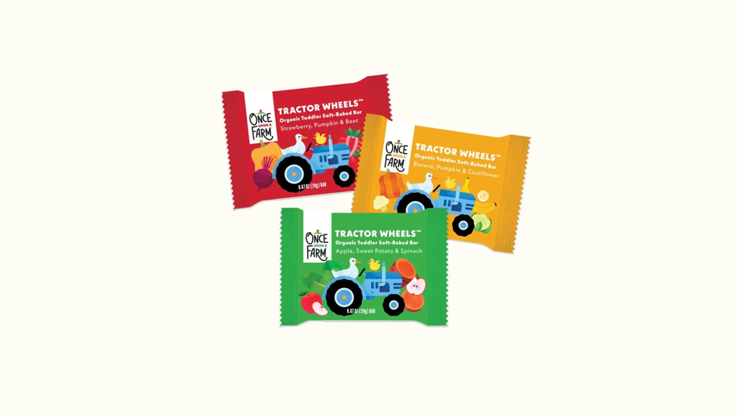 Once Upon a Farm recall: red, yellow and green Tractor Wheels toddler bar packages in the three recalled flavors