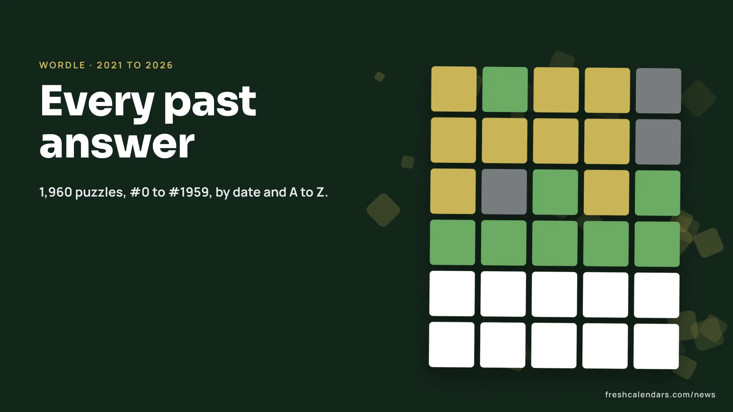 Past Wordle answers: a five-by-six word grid with green and yellow tiles and no letters shown