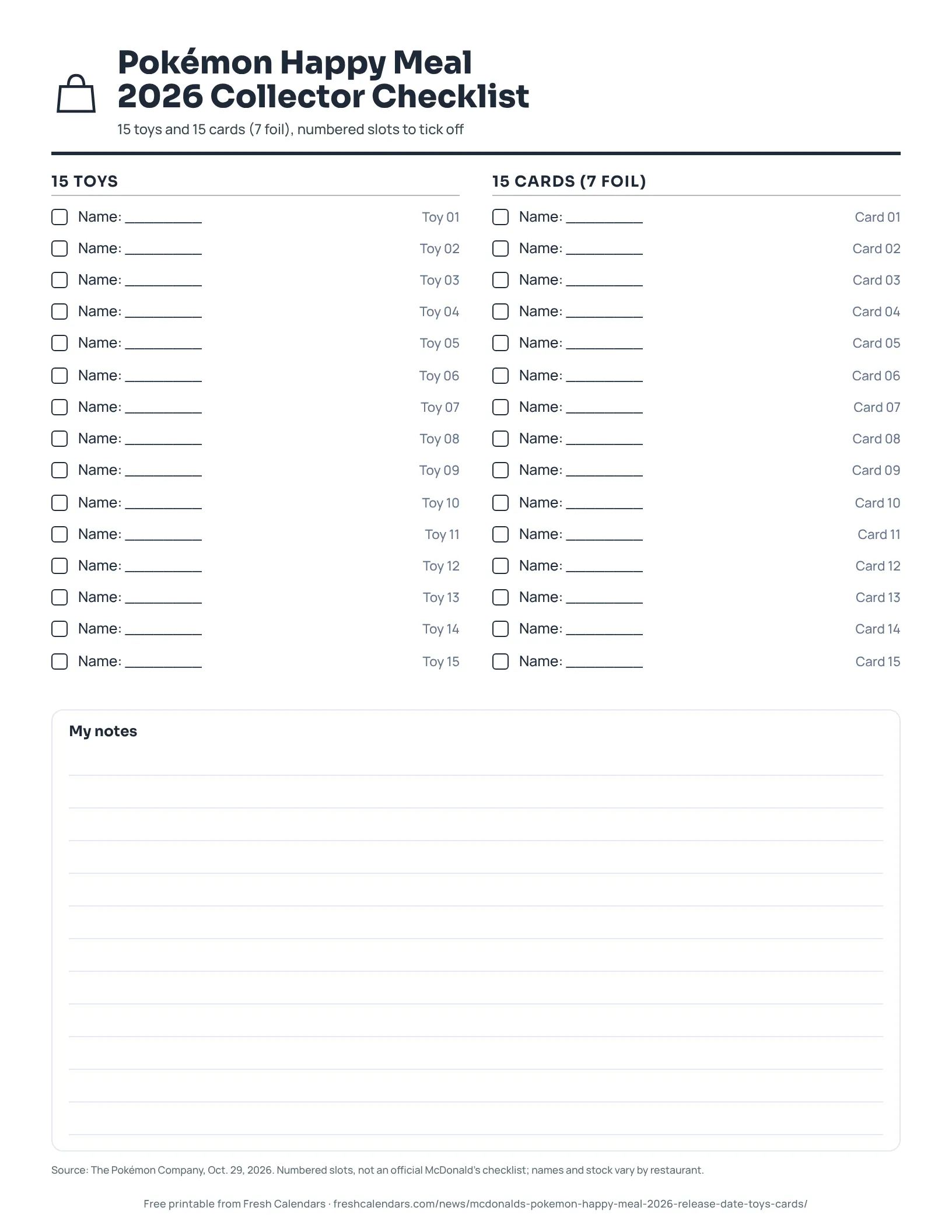Printable checklist with 15 toy rows and 15 card rows, each with a tick box and a blank line for the name, ink-saver version