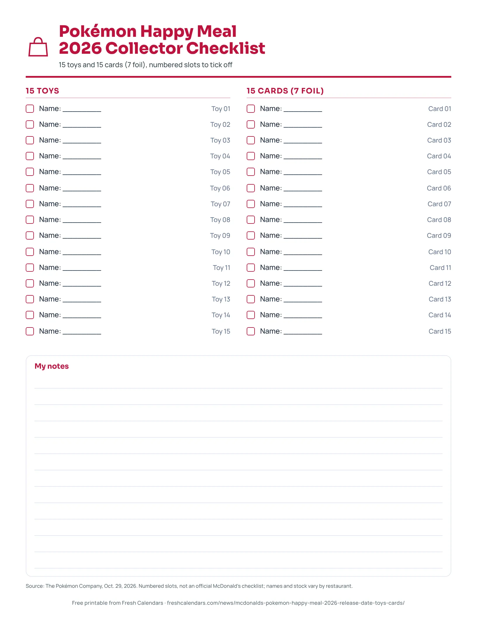 Printable checklist with 15 toy rows and 15 card rows, each with a tick box and a blank line for the name
