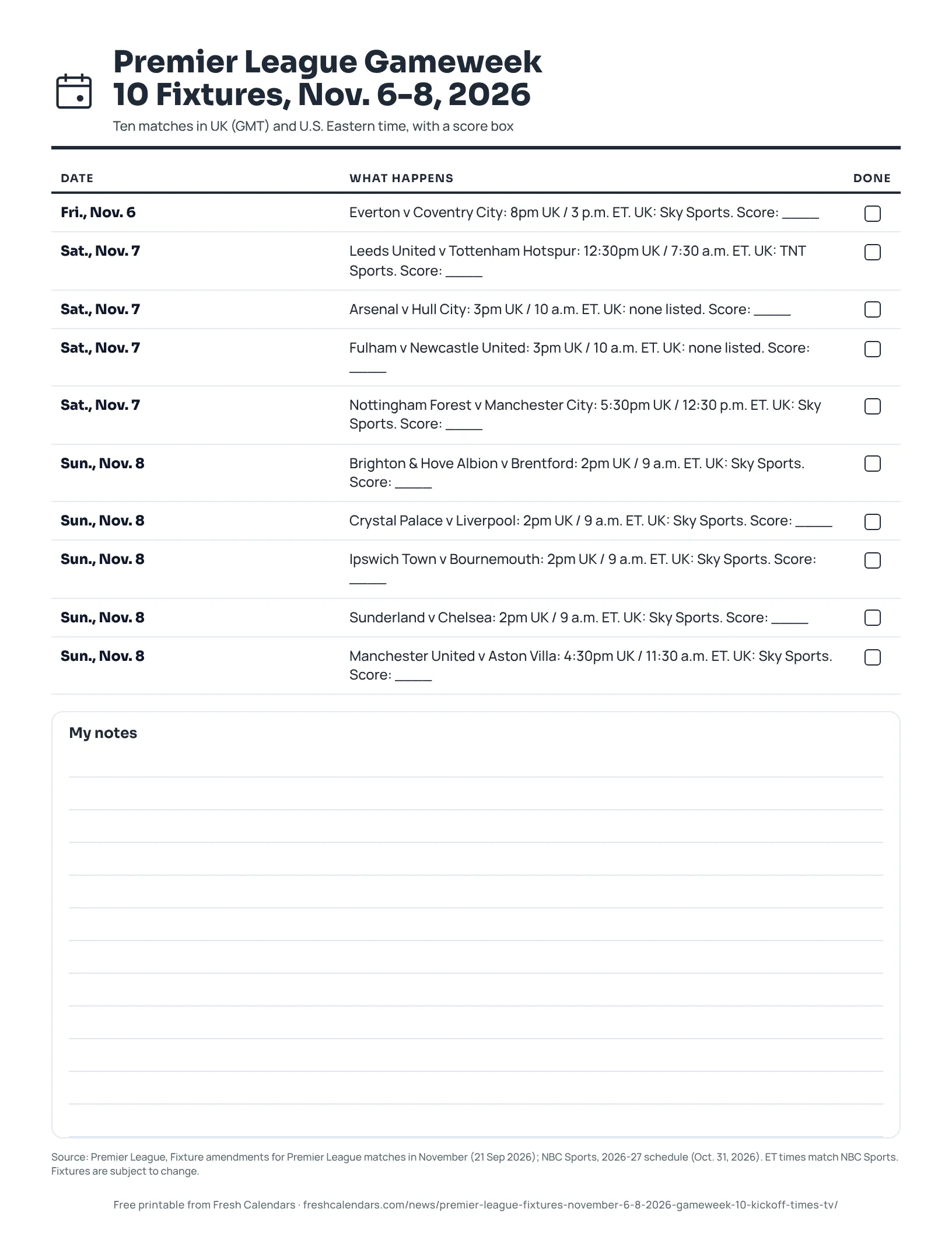 Printable Premier League Gameweek 10 fixtures sheet for Nov. 6 to 8, 2026 listing ten matches with UK and Eastern times and a score box, ink-saver version