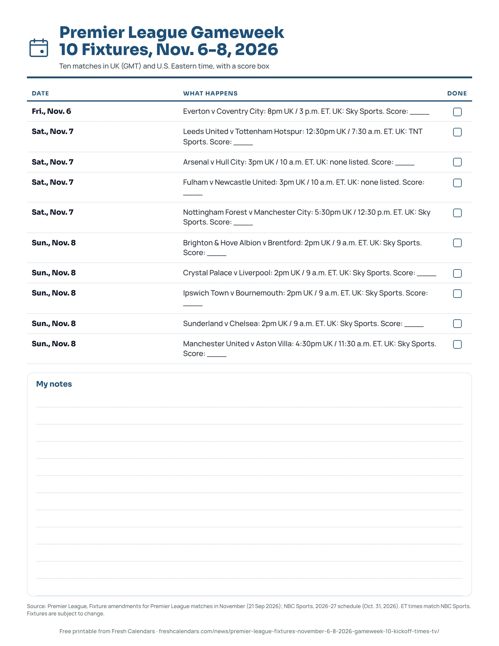 Printable Premier League Gameweek 10 fixtures sheet for Nov. 6 to 8, 2026 listing ten matches with UK and Eastern times and a score box