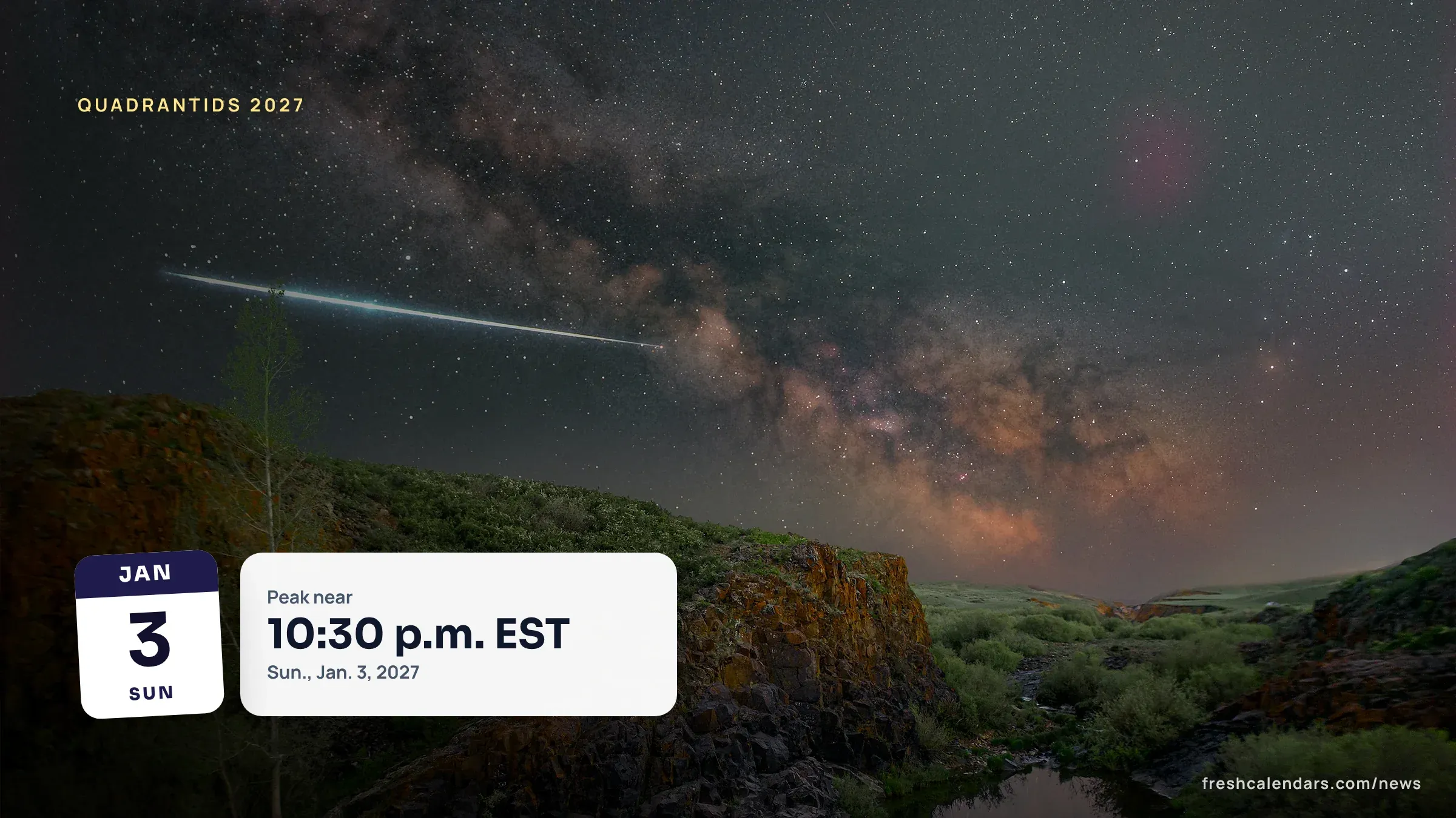 A bright meteor, called a bolide, streaking over a cliff, a file photo for the Quadrantid meteor shower 2027