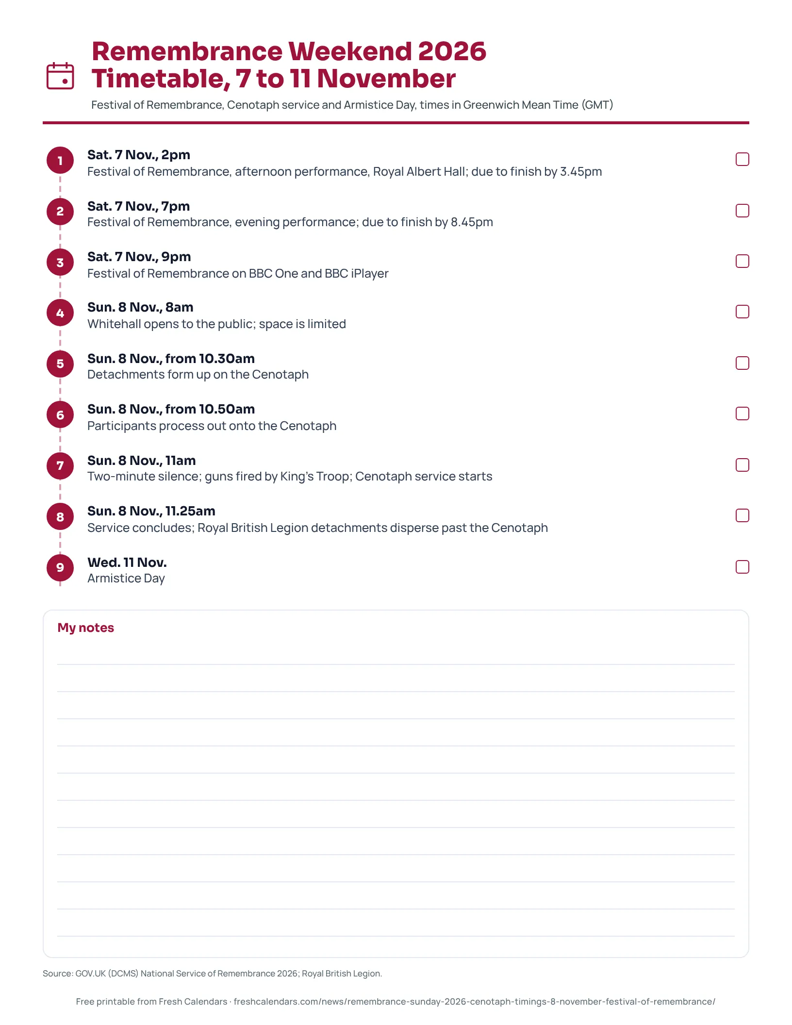 Printable Remembrance weekend 2026 timetable with Festival of Remembrance and Cenotaph service times.