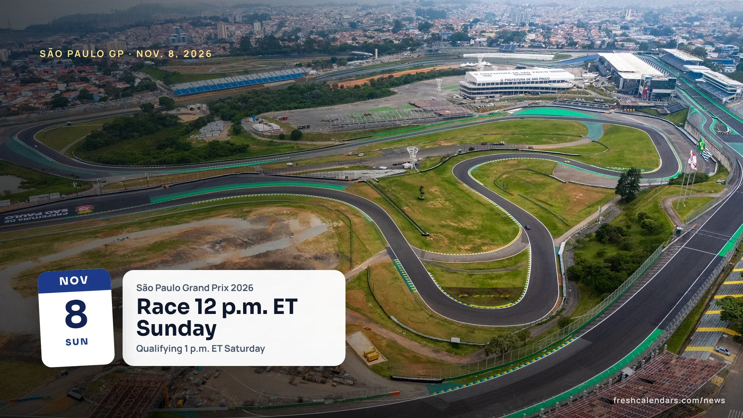 Aerial view of the Interlagos circuit in São Paulo, with its curving track and pit buildings