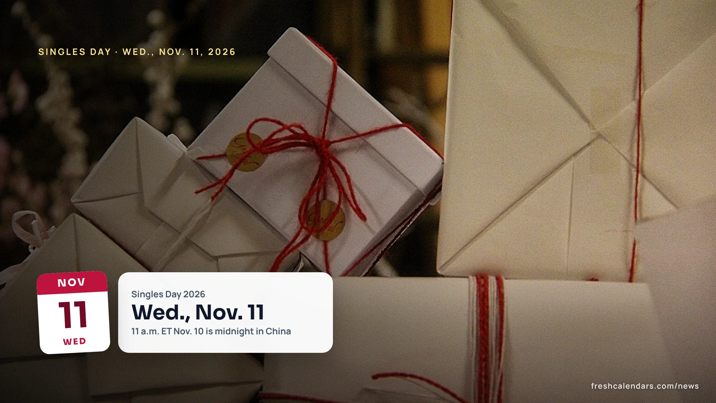 Singles Day 2026 is Wednesday, Nov. 11: a pile of brown paper parcels tied with red string