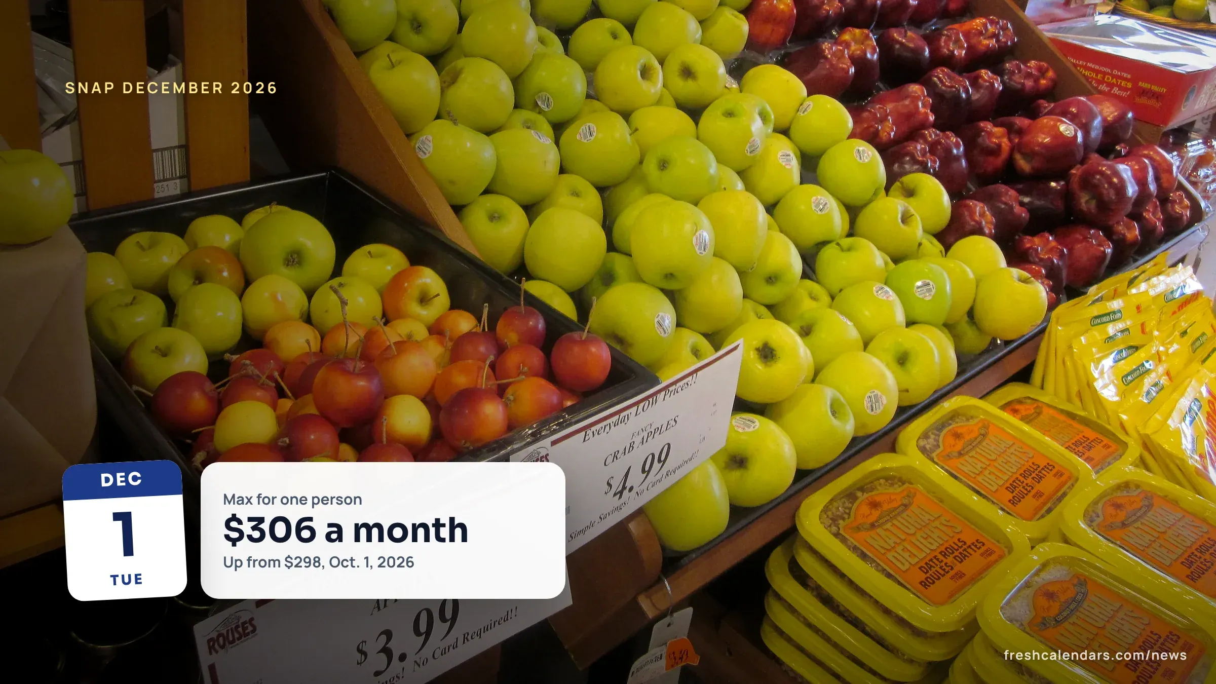 Apples on display at a grocery store, for the SNAP payment schedule December 2026