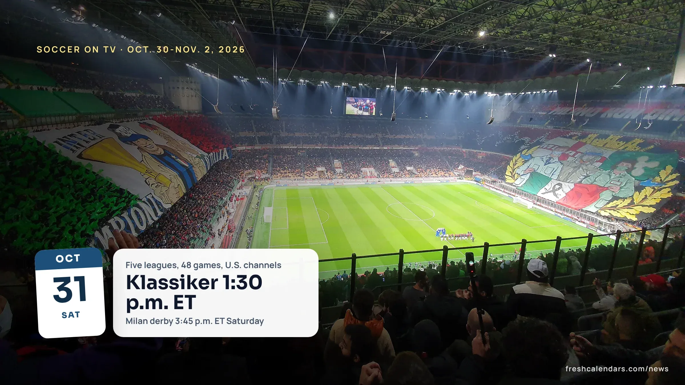 Fans and banners at San Siro in Milan during a Milan derby, for soccer on TV this weekend