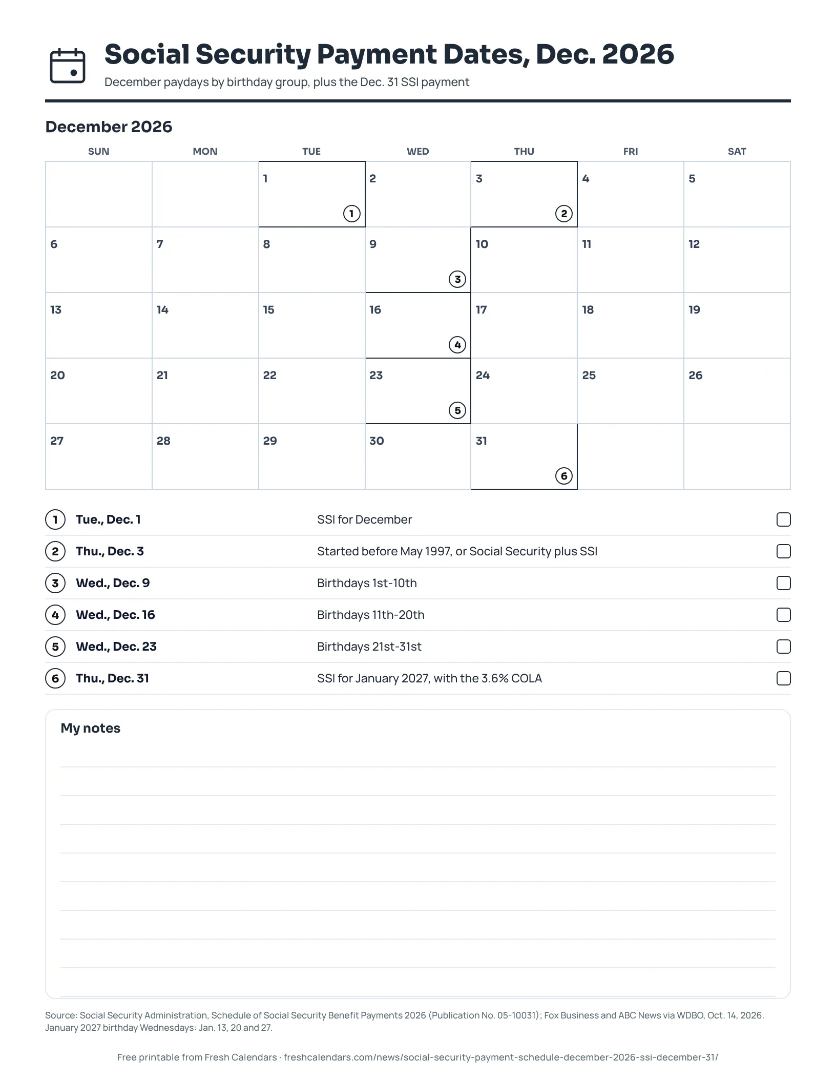 Printable Social Security payment calendar for December 2026 with payment dates marked, ink-saver version