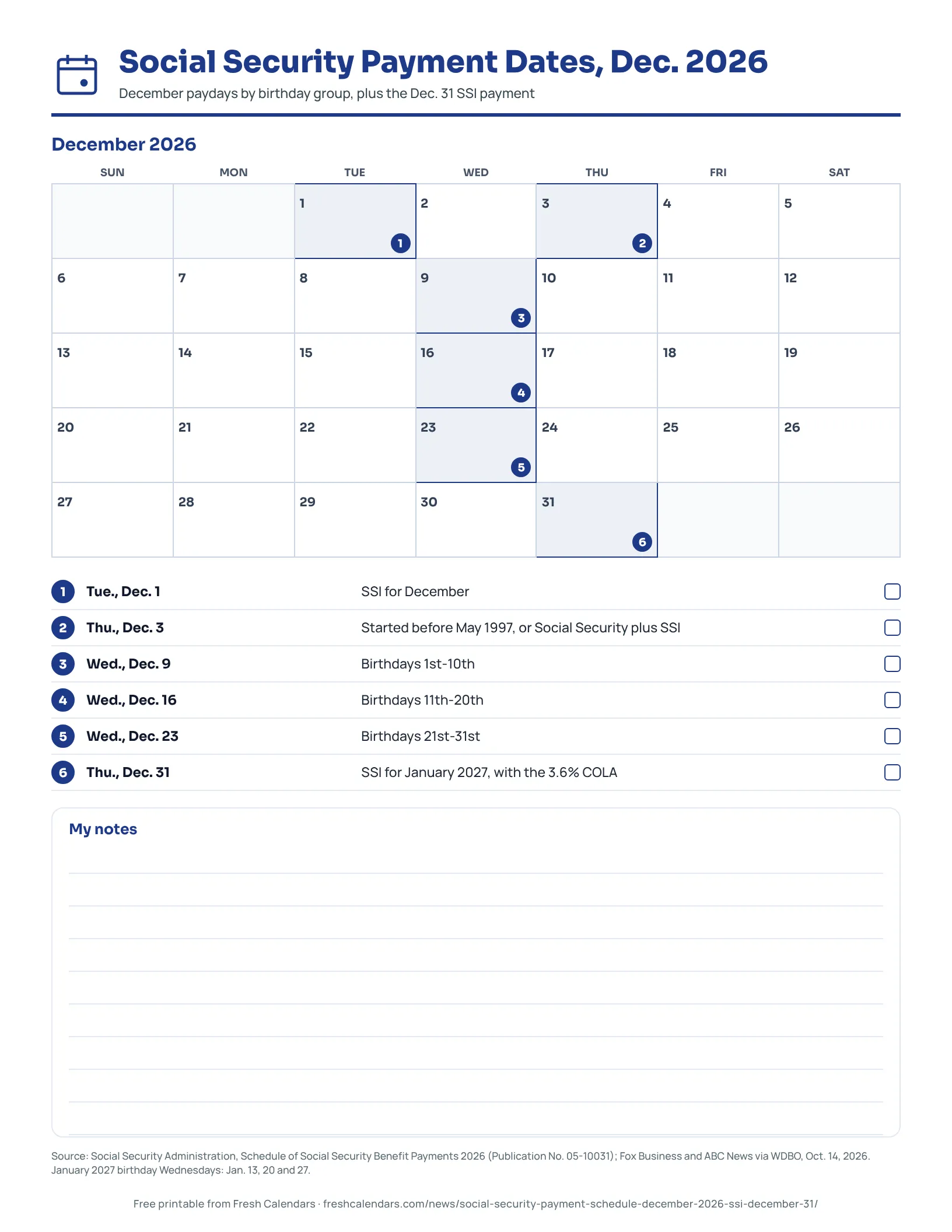 Printable Social Security payment calendar for December 2026 with payment dates marked