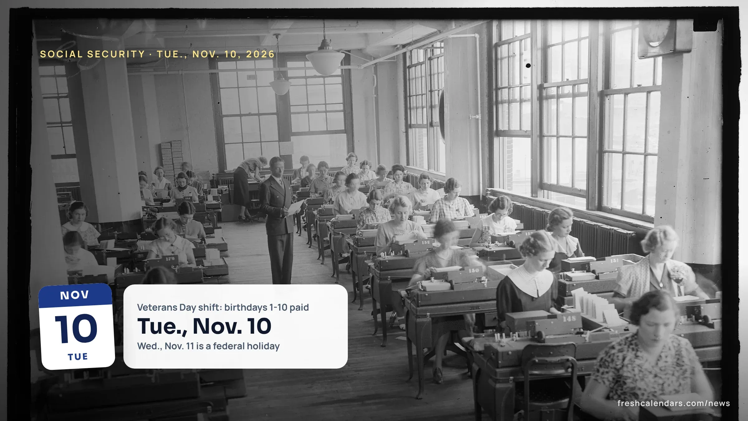 Clerks at rows of desks in a Social Security records office in Baltimore, for the Social Security payment schedule November 2026