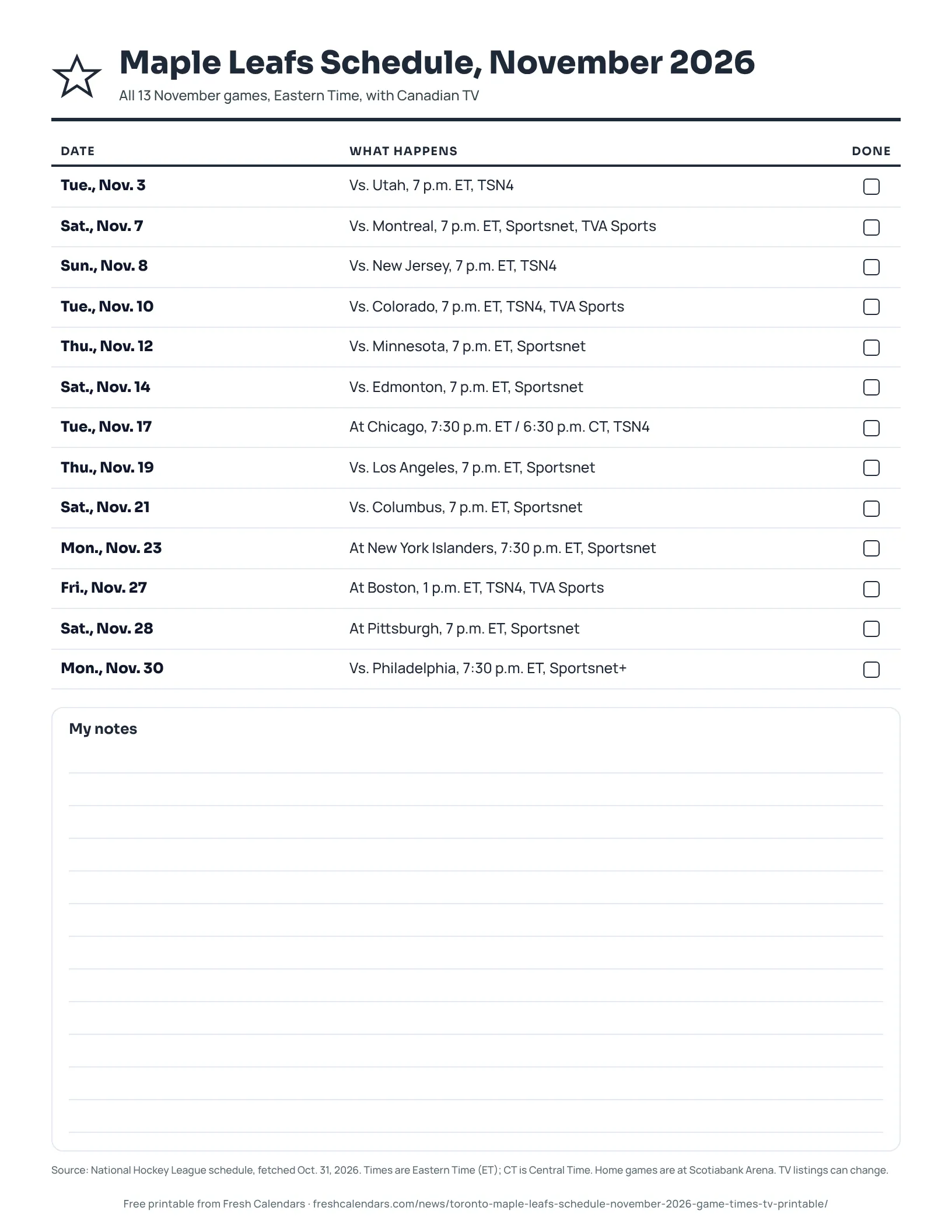 Printable Maple Leafs schedule for November 2026 listing 13 games with Eastern Time start times and Canadian TV, ink-saver version