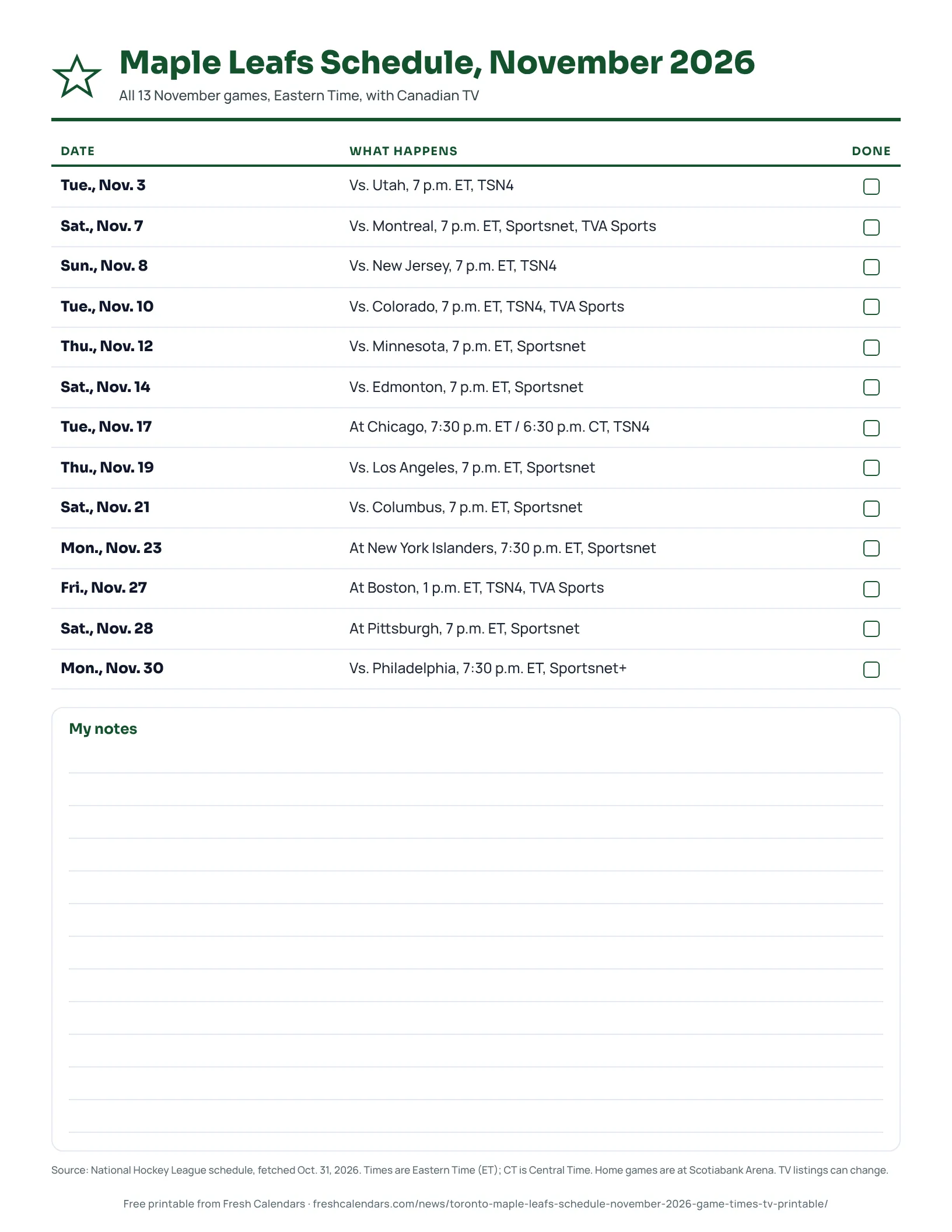 Printable Maple Leafs schedule for November 2026 listing 13 games with Eastern Time start times and Canadian TV