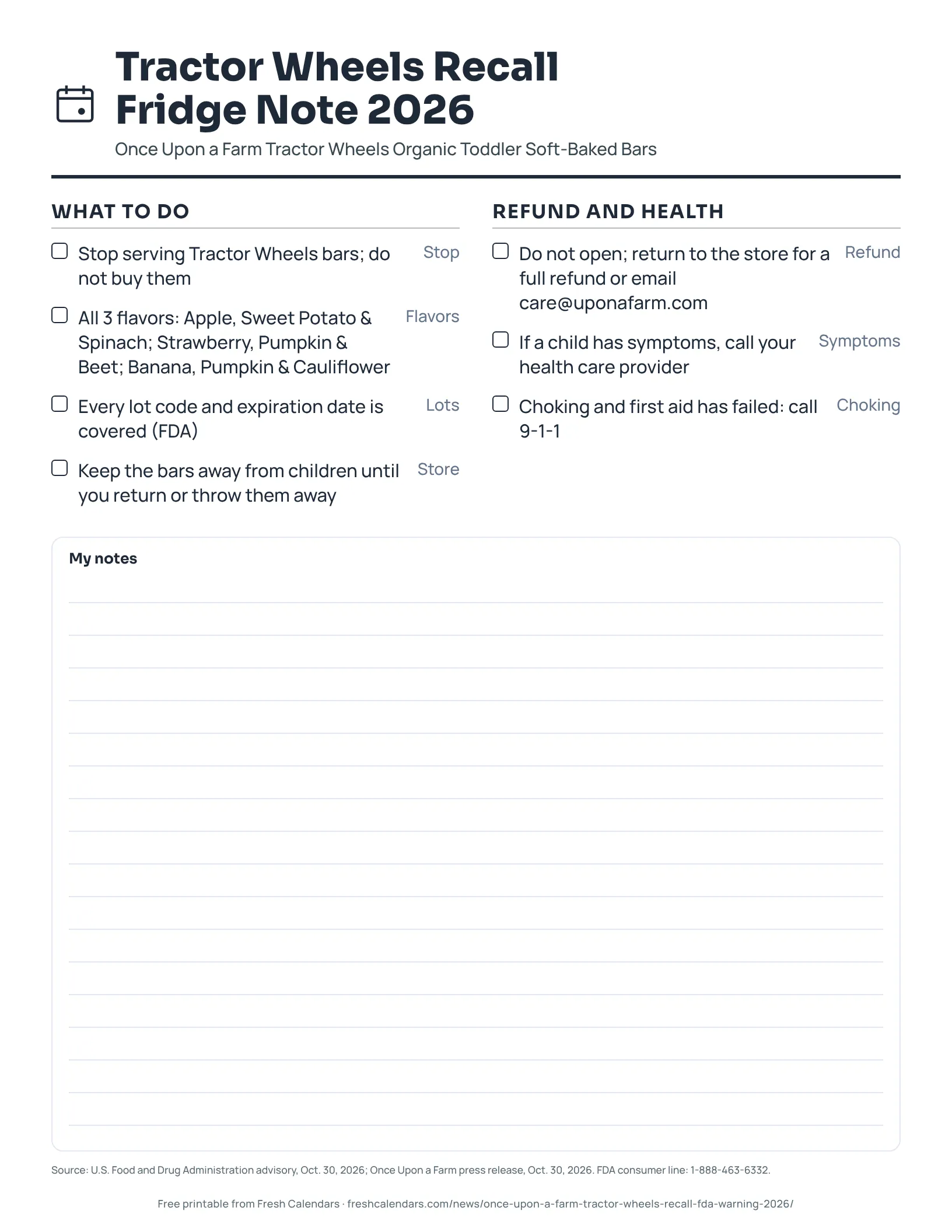 Tractor Wheels recall fridge note printable with stop, flavors, lots, refund and health steps, ink-saver version