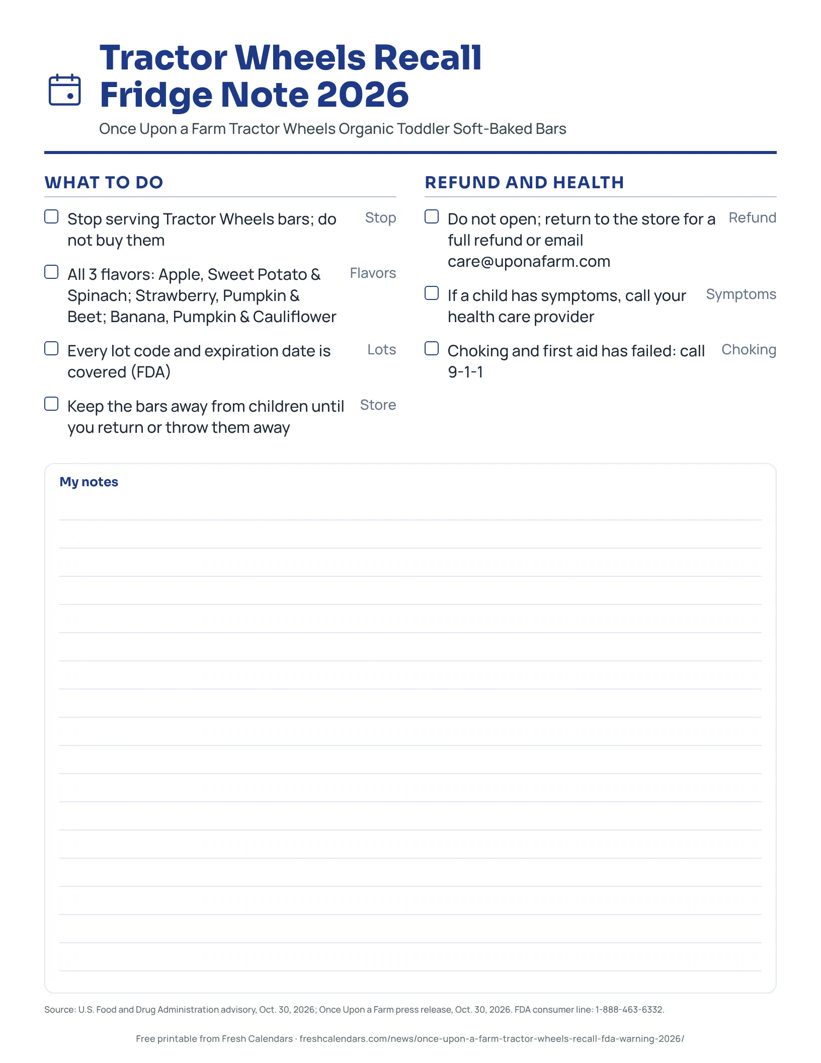 Tractor Wheels recall fridge note printable with stop, flavors, lots, refund and health steps
