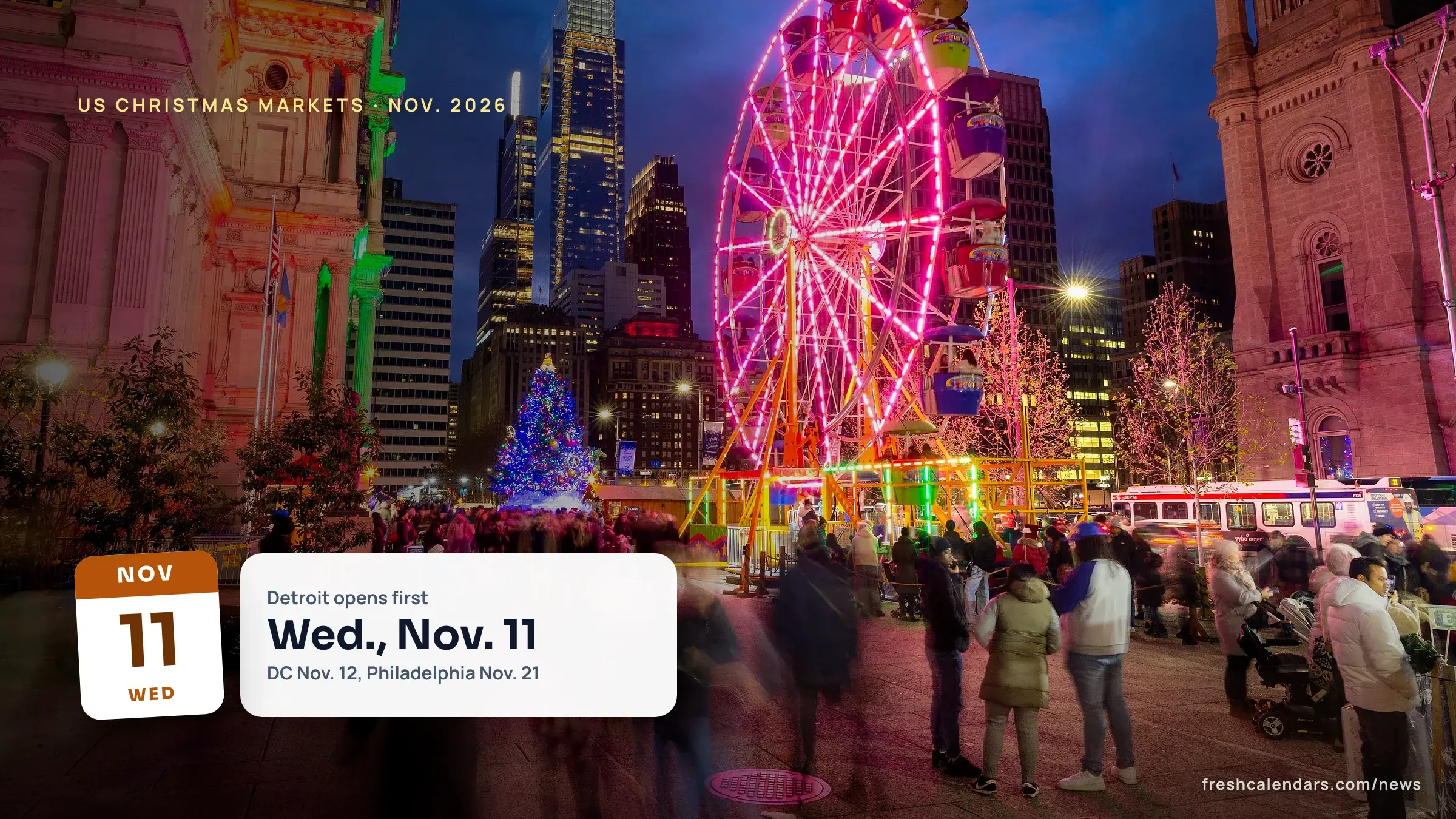 Christmas Village in Philadelphia at night with a lit Ferris wheel and City Hall, US Christmas markets 2026