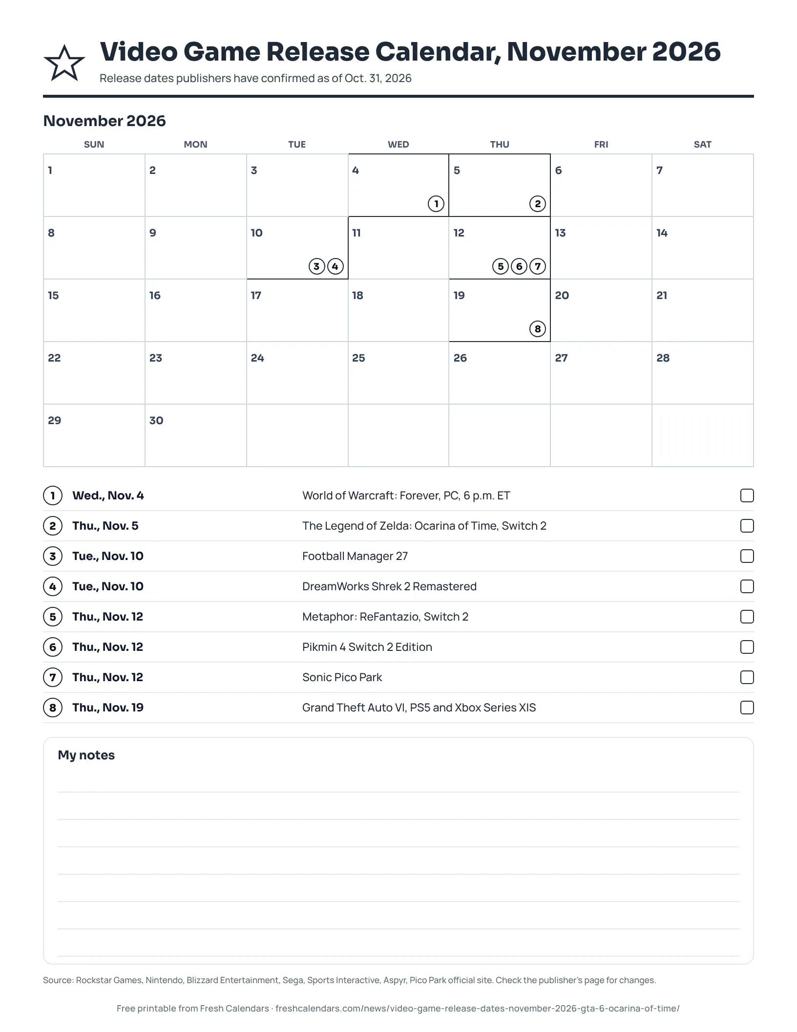 A printable November 2026 calendar marking eight video game release dates, ink-saver version