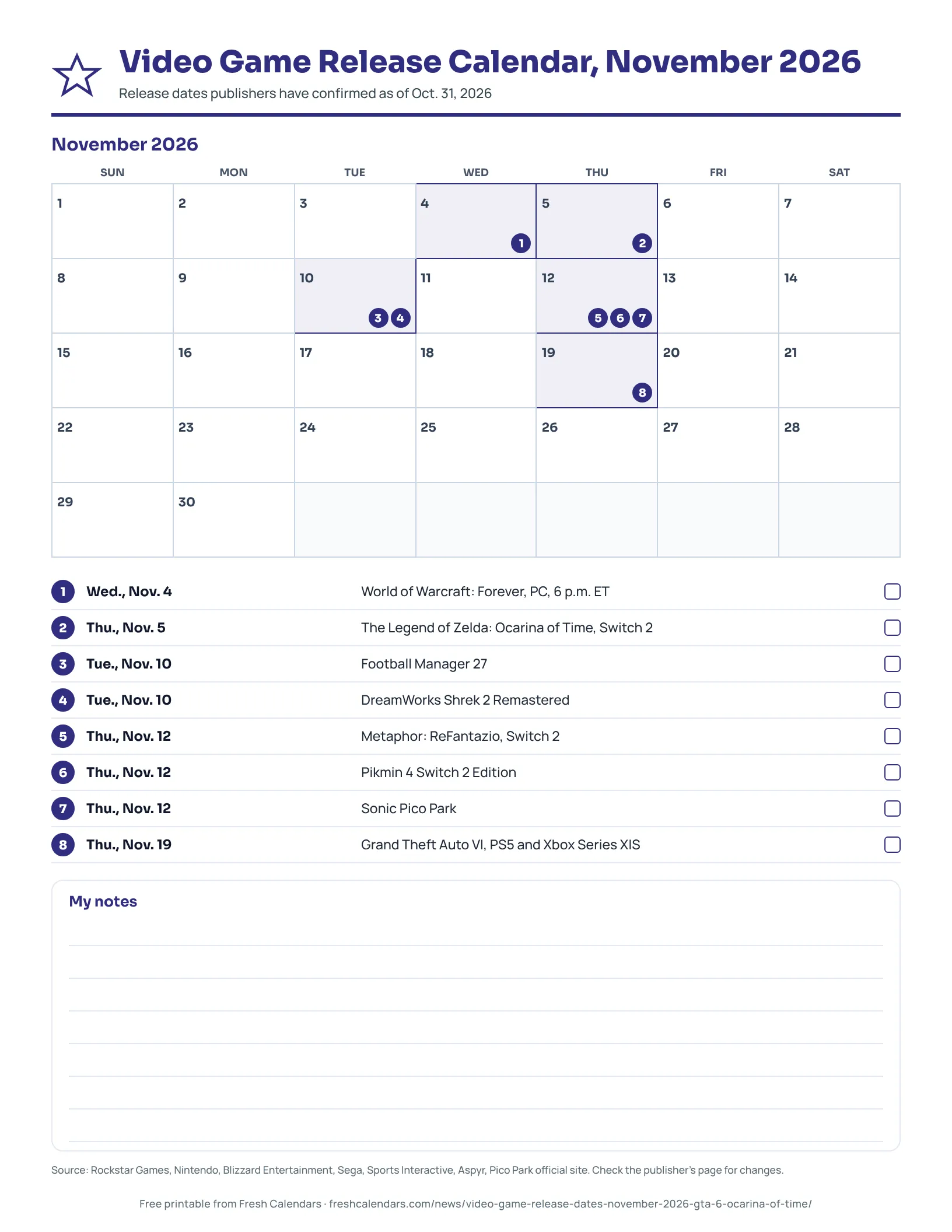 A printable November 2026 calendar marking eight video game release dates