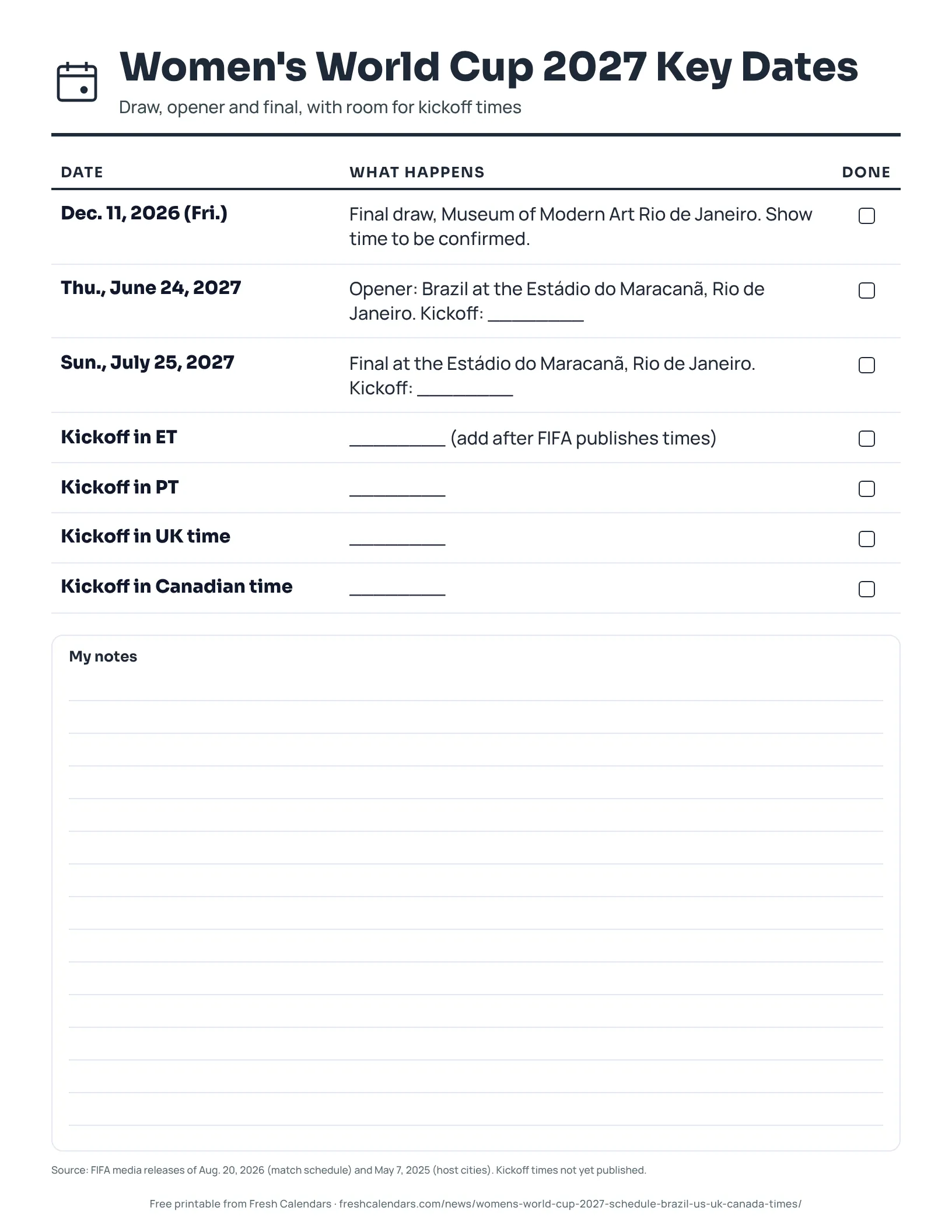 Printable list of Women's World Cup 2027 key dates with blank kickoff time lines, ink-saver version