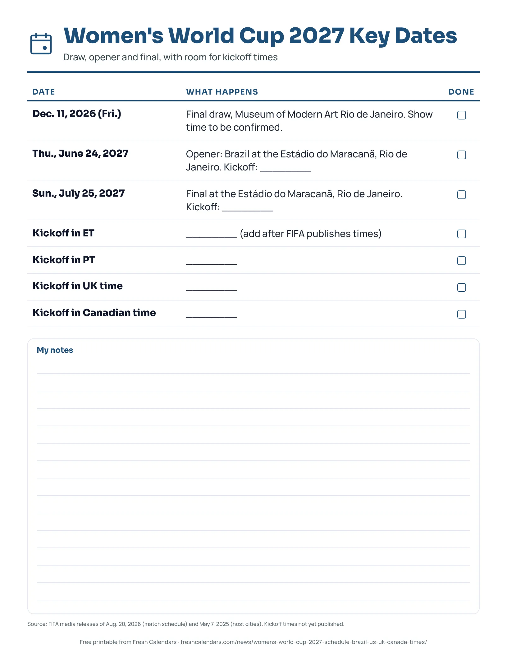 Printable list of Women's World Cup 2027 key dates with blank kickoff time lines