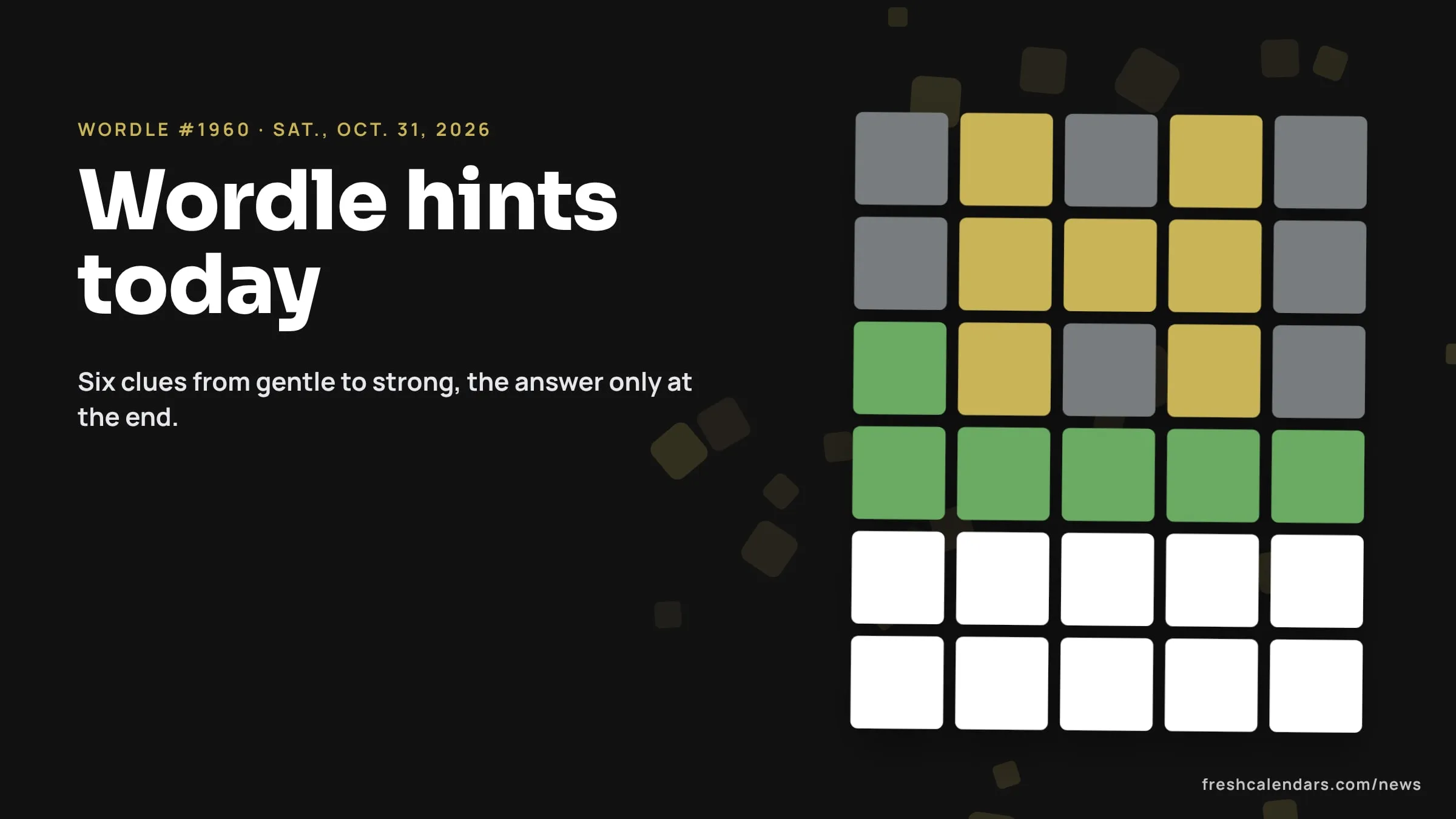 Wordle Hints and Answer Today, #1960 for Saturday, Oct. 31, 2026: Six Clues Before the Reveal Wordle hints for Oct. 31, 2026, puzzle #1960: a five-by-six word grid with green and yellow tiles and no letters shown