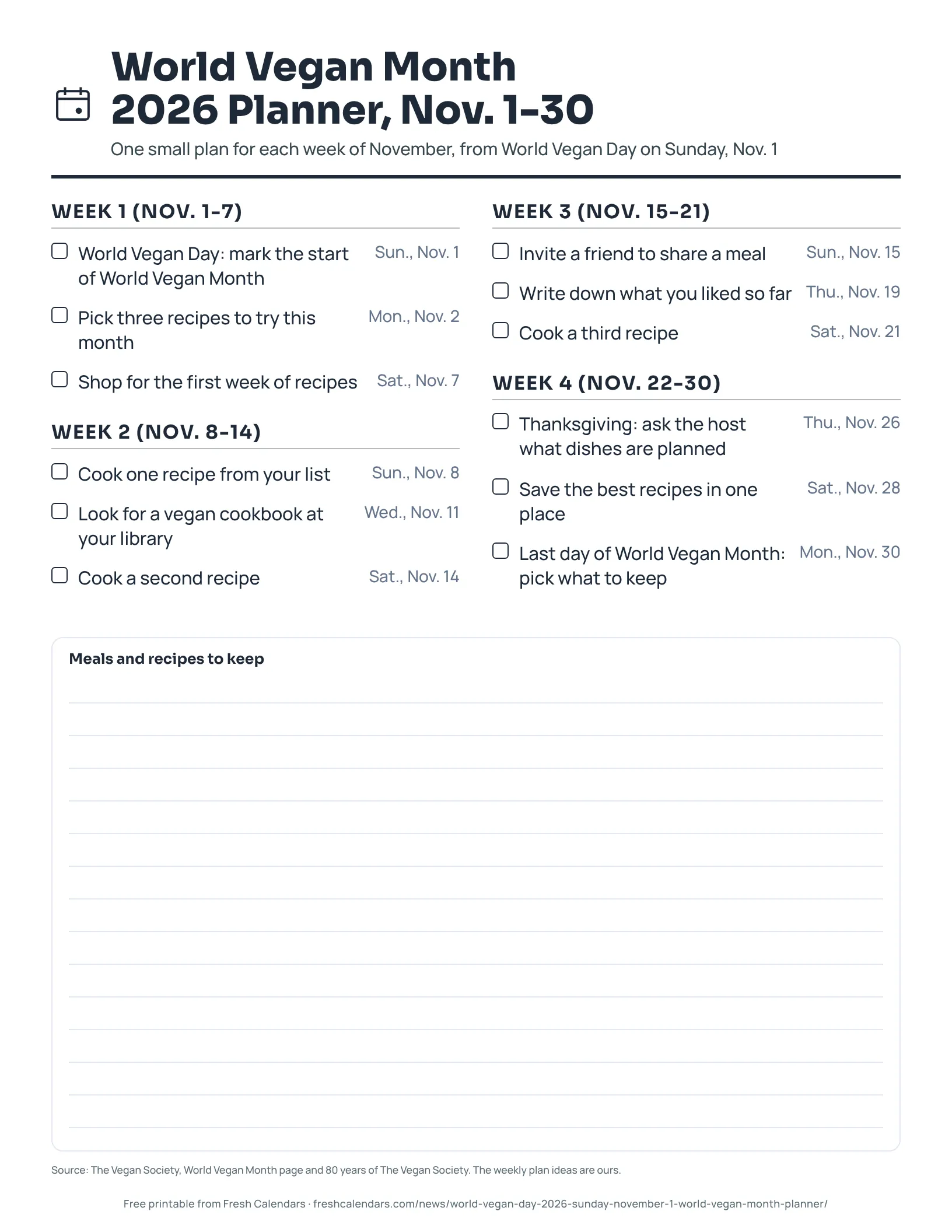 Printable World Vegan Month 2026 planner with tick boxes for each week from Sunday, Nov. 1 to Monday, Nov. 30, ink-saver version