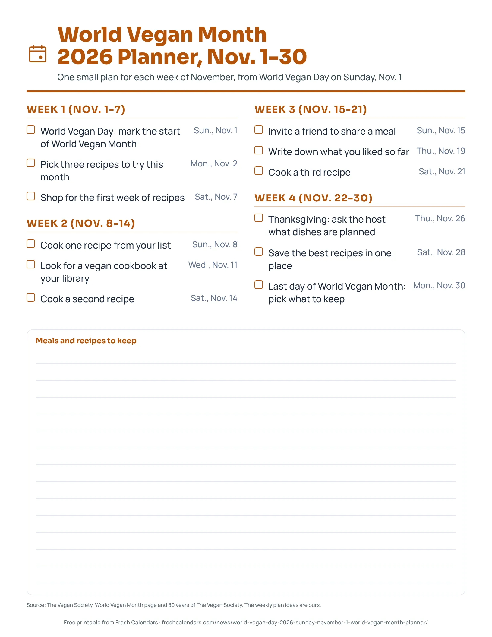 Printable World Vegan Month 2026 planner with tick boxes for each week from Sunday, Nov. 1 to Monday, Nov. 30
