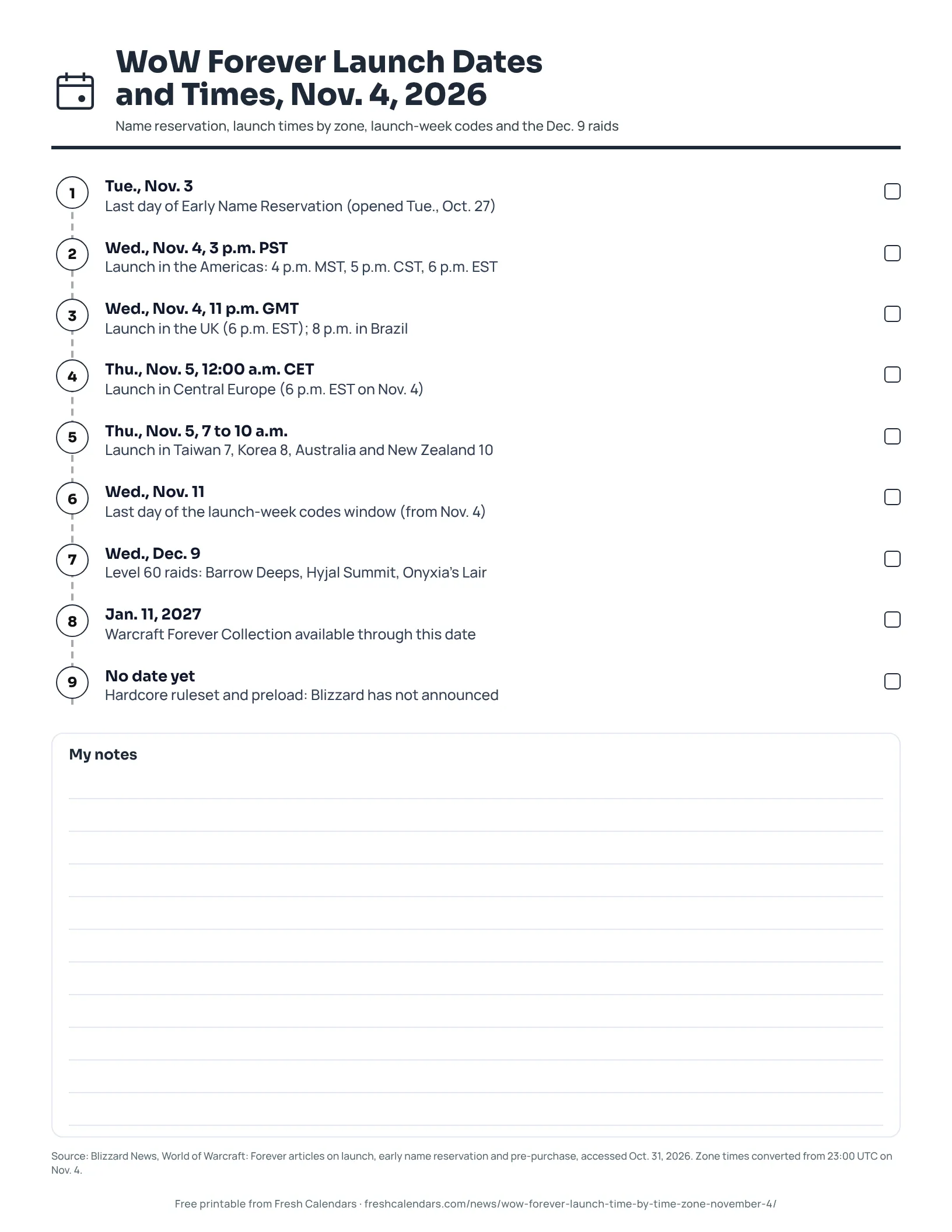 WoW Forever launch printable with a timeline from Nov. 3 to Jan. 11, 2027, including launch times by time zone and the Dec. 9 raids, ink-saver version
